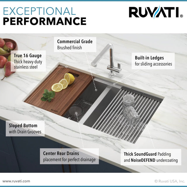 Ruvati Roma 33" Workstation Ledge 60/40 Double Bowl Undermount 16 Gauge Stainless Steel Kitchen Sink - RVH8356