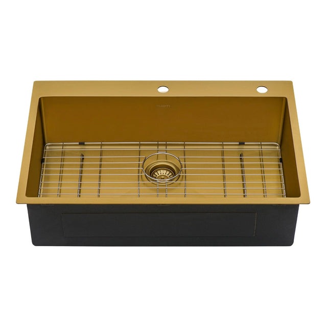 Ruvati Terraza 33 x 22 inch Satin Brass Matte Gold Stainless Steel Drop-in Topmount Kitchen Sink Single Bowl - RVH5005GG