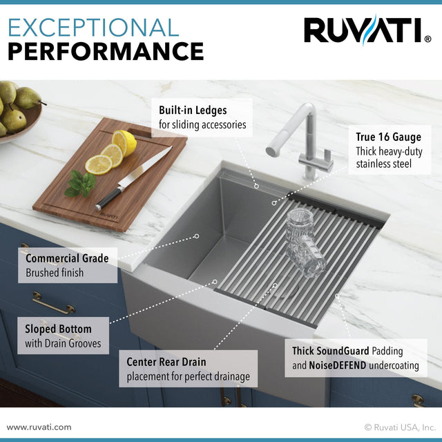 Ruvati Verona 24" Apron-Front Workstation Farmhouse Kitchen Sink 16 Gauge Stainless Steel Single Bowl - RVH9020