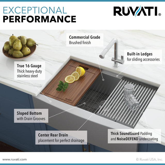 Ruvati Verona 33" Apron Front Workstation Farmhouse Kitchen Sink 16 Gauge Stainless Steel Single Bowl - RVH9200