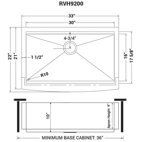 Ruvati Verona 33" Apron Front Workstation Farmhouse Kitchen Sink 16 Gauge Stainless Steel Single Bowl - RVH9200