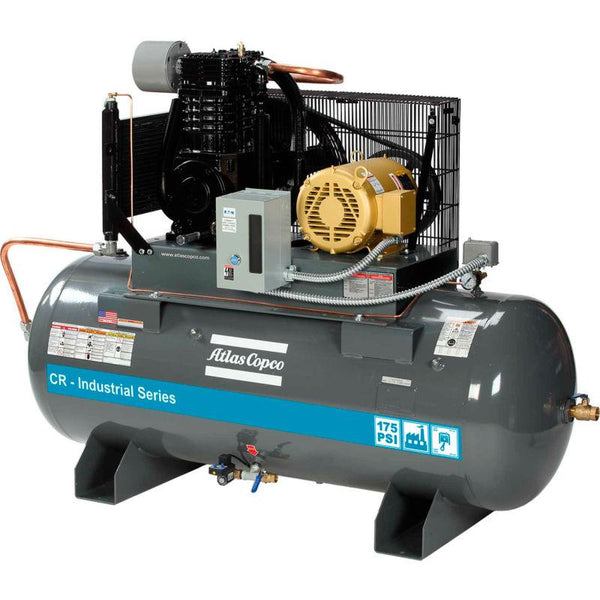 Atlas Copco 10HP, 36 CFM, 120 Gallon CR Industrial Series Duplex TEFC/NEMA4 Cast Iron Piston Air Compressor 230V 3PH - CR5-CRS1-230/3-120HD-IS-N4