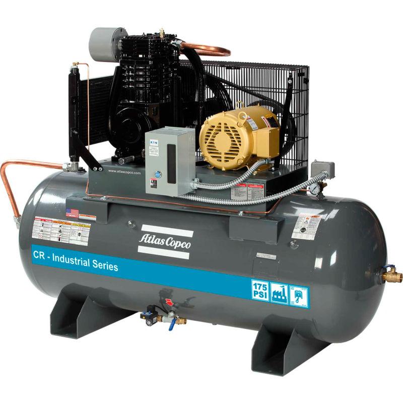 Atlas Copco 5HP, 34.8 CFM, 120 Gallon CR Industrial Series Duplex Cast Iron Piston Air Compressor 230V 1PH - CR5-CRS1-230/1-120HD-IS