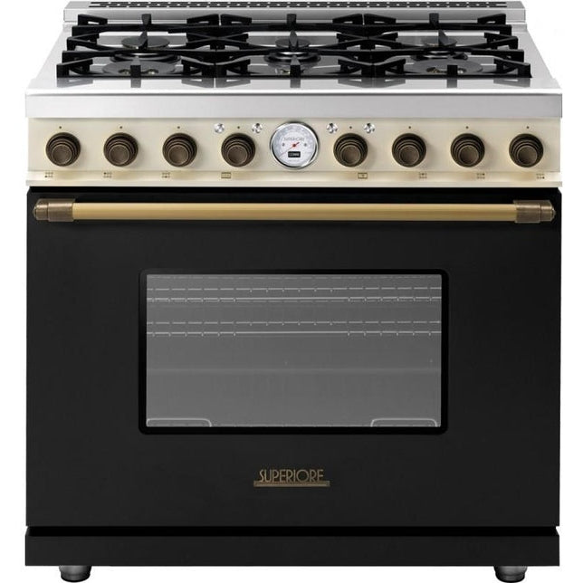 Superiore Deco 48-Inch Dual Fuel Double Oven Freestanding Range in Black and Cream Matte with Bronze Trim - RD482SCNCB_