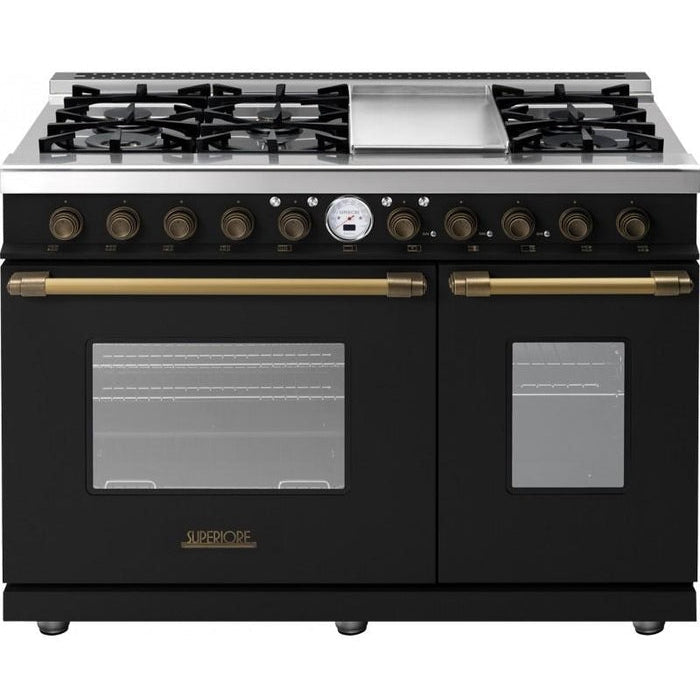 Superiore Deco 48-Inch Dual Fuel Double Oven Freestanding Range in Black Matte with Bronze Trim - RD482SCN_B_