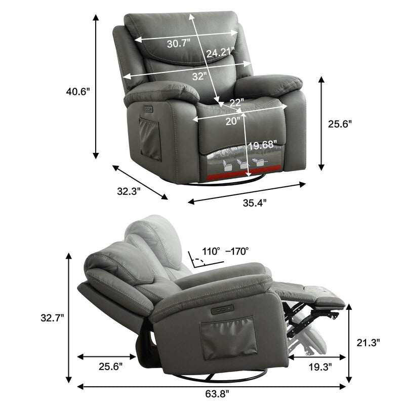 Swivel Rocking Recliner With Max 270° Swivel 30° Rocking Fabric Power Recliner Chair, 35.4" Width, Grey