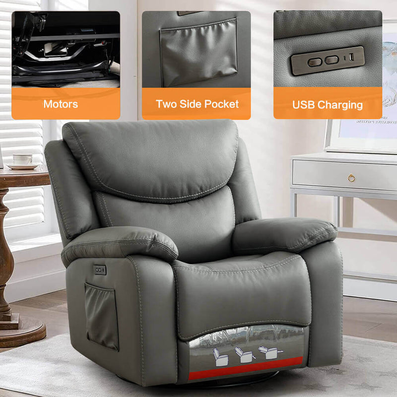 Swivel Rocking Recliner With Max 270° Swivel 30° Rocking Fabric Power Recliner Chair, 35.4" Width, Grey