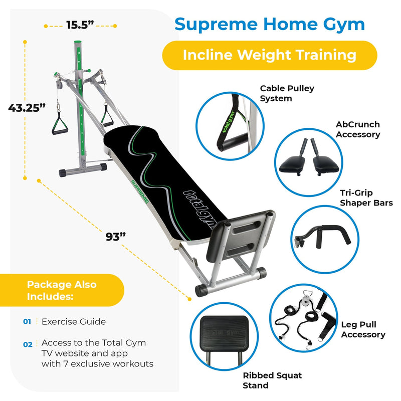 Total Gym Supreme Home Gym with Ab Crunch, Tri Grip Shaper Bars, and Squat Stand - 324874