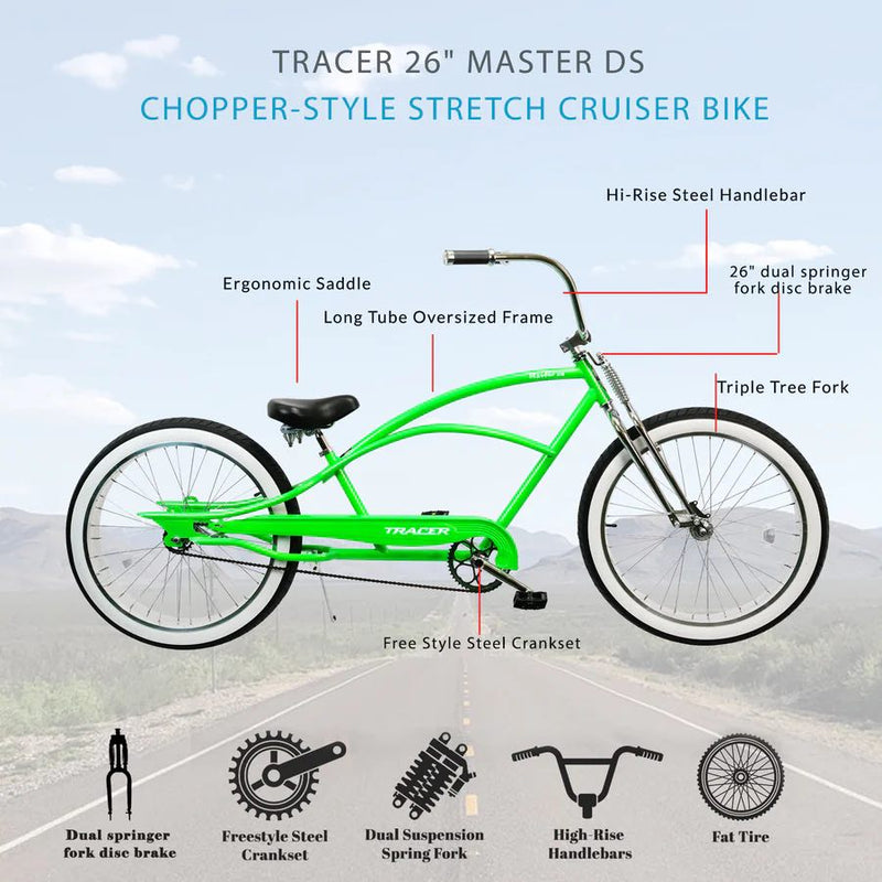 Performer Tracer MASTER DS DUAL SPRINGER 26" Chopper Stretch Fat Tire Beach Cruiser Bike