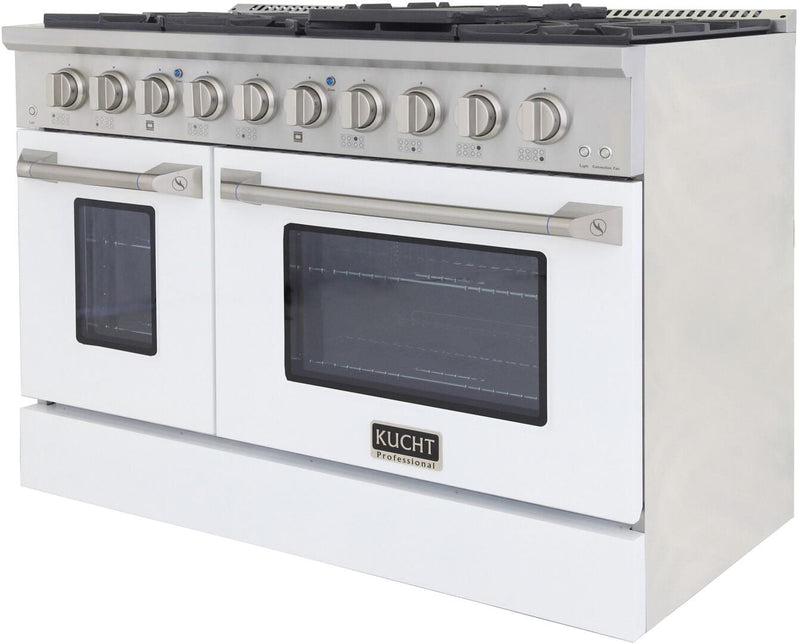 Kucht Professional 48 in. 6.7 cu ft. Natural Gas Range with White Door and Silver Knobs, KNG481-W - Luxy Appliance