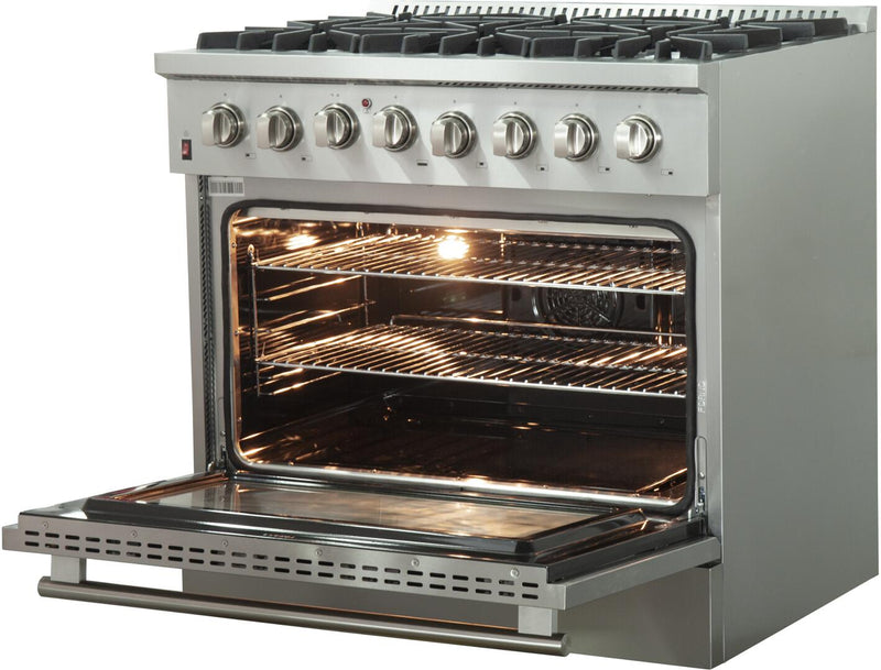 Forno Appliace Package - 36 Inch Dual Fuel Range, Wall Mount Range Hood, Refrigerator, Microwave Drawer, Dishwasher, AP-FFSGS6156-36-8 - Luxy Appliance