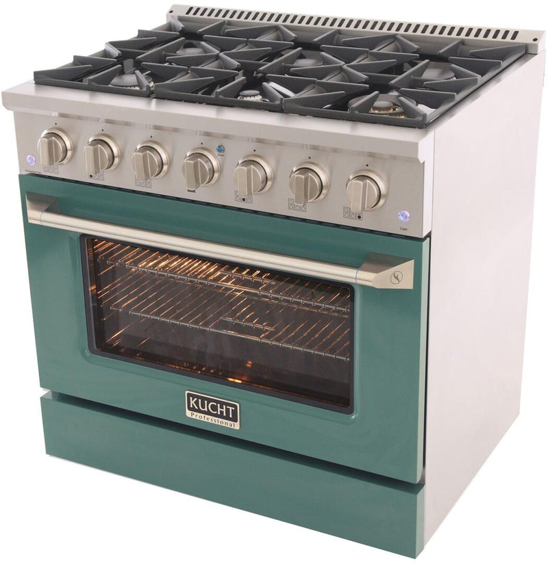 Kucht Professional 36 in. 5.2 cu ft. Natural Gas Range with Green Door and Silver Knobs, KNG361-G - Luxy Appliance