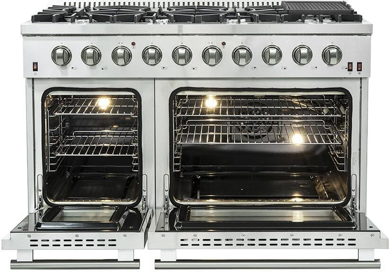 Forno Appliace Package - 48 Inch Gas Range, Wall Mount Range Hood, Refrigerator, Microwave Drawer, Dishwasher, AP-FFSGS6244-48-8 - Luxy Appliance