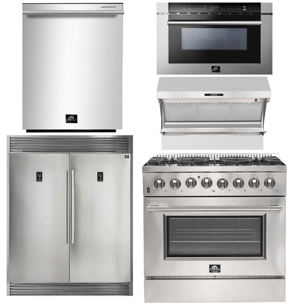 Forno Appliace Package - 36 Inch Dual Fuel Range, Wall Mount Range Hood, Refrigerator, Microwave Drawer, Dishwasher, AP-FFSGS6156-36-8 - Luxy Appliance