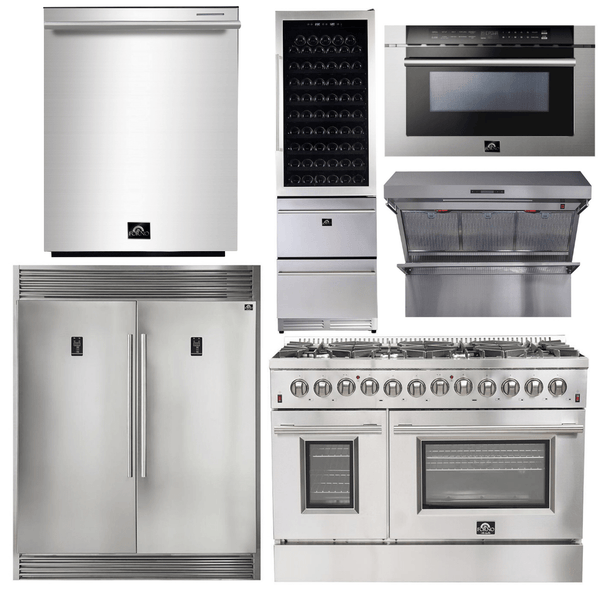 Forno Appliance Package - 48 Inch Dual Fuel Range, Range Hood, Refrigerator, Microwave Drawer, Dishwasher, Wine Cooler, AP-FFSGS6156-48-9 - Luxy Appliance