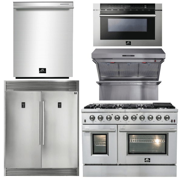 Forno Appliace Package - 48 Inch Gas Range, Wall Mount Range Hood, Refrigerator, Microwave Drawer, Dishwasher, AP-FFSGS6244-48-8 - Luxy Appliance