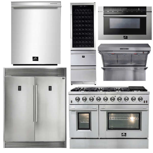Forno Appliance Package - 48 Inch Gas Range, Range Hood, Refrigerator, Microwave Drawer, Dishwasher, Wine Cooler, AP-FFSGS6244-48-9 - Luxy Appliance