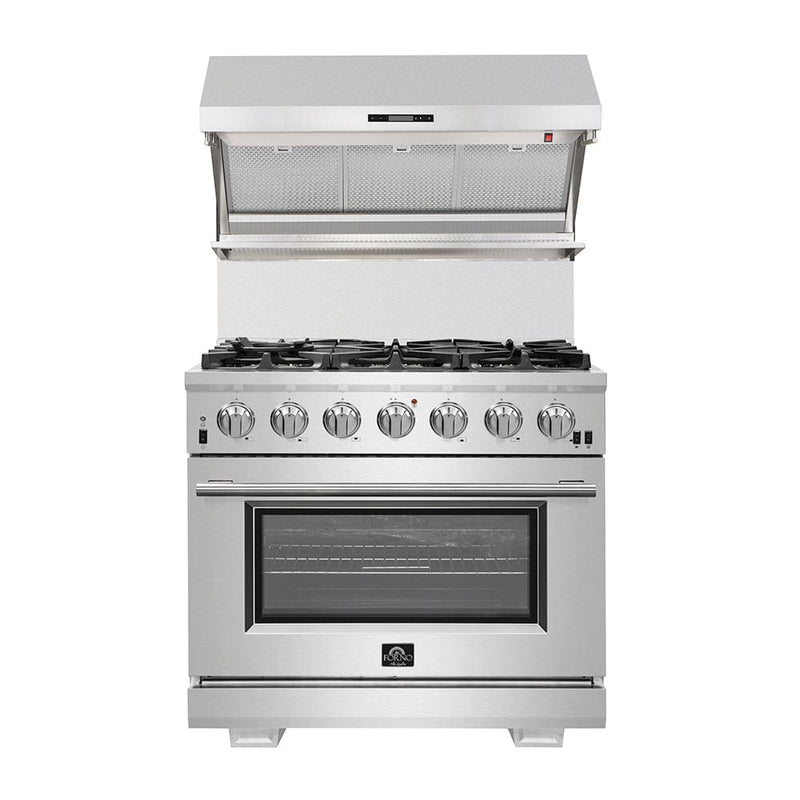 Forno Appliace Package - 36 Inch Dual Fuel Range, Wall Mount Range Hood, Refrigerator, Microwave Drawer, Dishwasher, AP-FFSGS6156-36-8 - Luxy Appliance