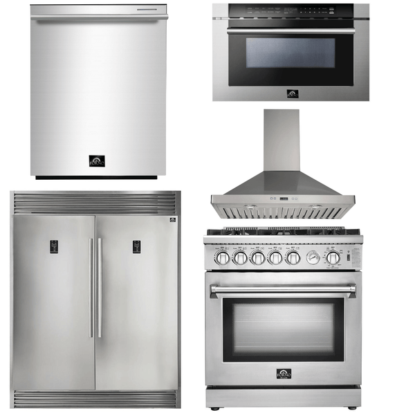 Forno Appliace Package - 30 Inch Gas Range, Wall Mount Range Hood, Refrigerator, Microwave Drawer, Dishwasher, AP-FFSGS6275-30-W-8 - Luxy Appliance