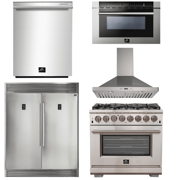 Forno Appliace Package - 36 Inch Gas Burner/Electric Oven Pro Range, Wall Mount Range Hood, Refrigerator, Microwave Drawer, Dishwasher, AP-FFSGS6187-36-W-8 - Luxy Appliance