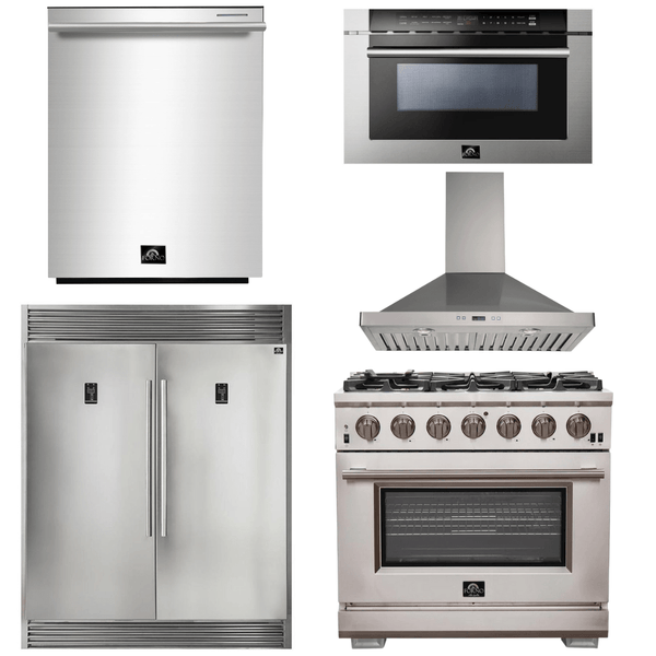 Forno Appliace Package - 36 Inch Pro Gas Range, Wall Mount Range Hood, Refrigerator, Microwave Drawer, Dishwasher, AP-FFSGS6260-36-W-8 - Luxy Appliance