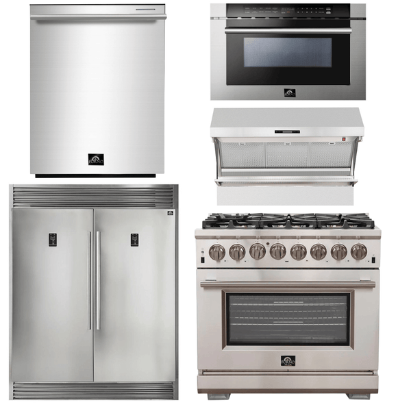 Forno Appliace Package - 36 Inch Gas Burner/Electric Oven Pro Range, Wall Mount Range Hood, Refrigerator, Microwave Drawer, Dishwasher, AP-FFSGS6187-36-8 - Luxy Appliance