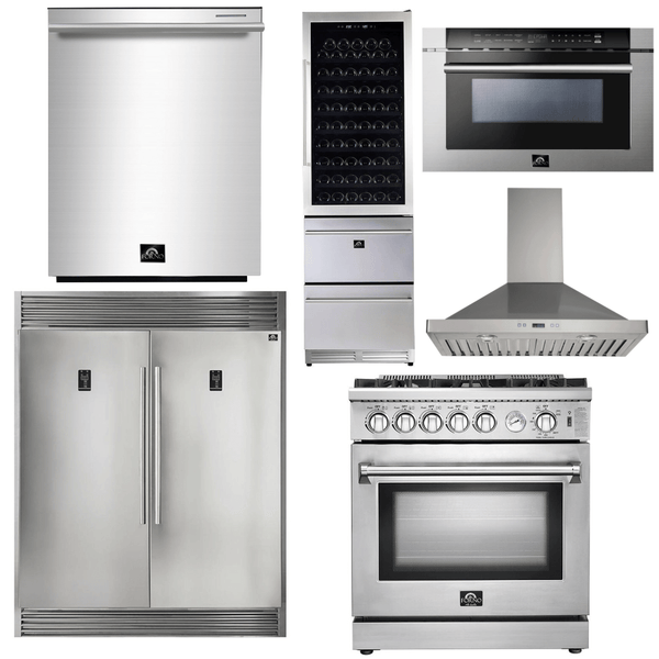 Forno Appliance Package - 30 Inch Gas Range, Range Hood, Refrigerator, Microwave Drawer, Dishwasher, Wine Cooler, AP-FFSGS6275-30-W-9 - Luxy Appliance