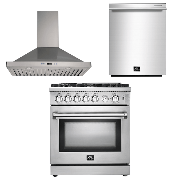 Forno Appliance Package - 30 Inch Gas Range, Wall Mount Range Hood, Dishwasher, AP-FFSGS6275-30-W-2 - Luxy Appliance