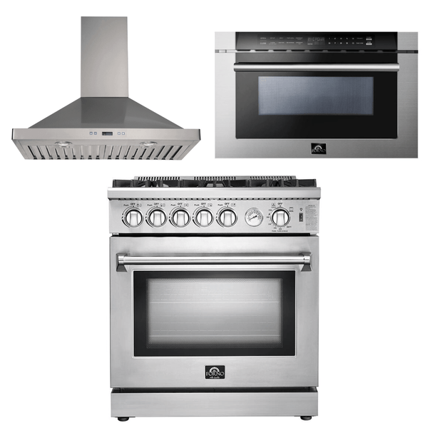 Forno Appliance Package - 30 Inch Gas Range, Wall Mount Range Hood, Microwave Drawer, AP-FFSGS6275-30-W-3 - Luxy Appliance