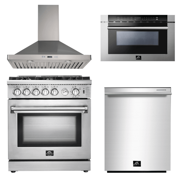 Forno Appliance Package - 30 Inch Gas Range, Wall Mount Range Hood, Microwave Drawer, Dishwasher, AP-FFSGS6275-30-W-6 - Luxy Appliance