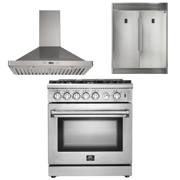 Forno Appliance Package - 30 Inch Gas Range, Wall Mount Range Hood, Refrigerator, AP-FFSGS6275-30-W-4 - Luxy Appliance