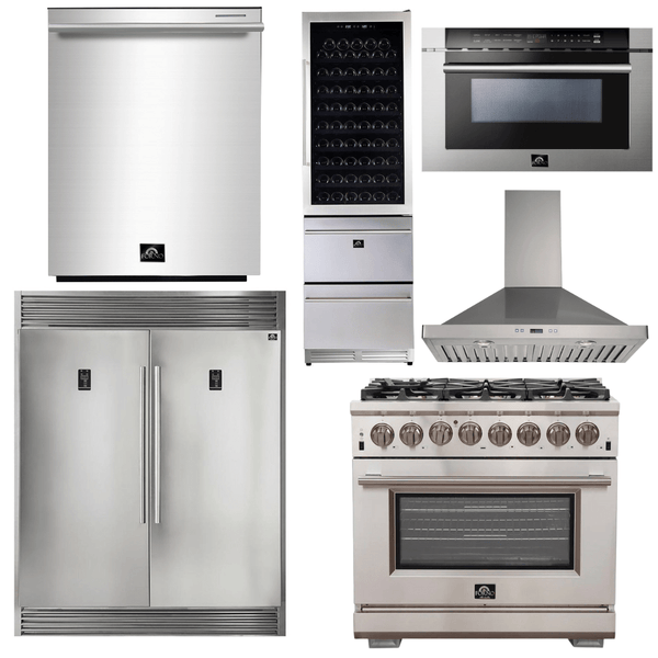 Forno Appliance Package - 36 Inch Gas Burner/Electric Oven Pro Range, Range Hood, Refrigerator, Microwave Drawer, Dishwasher, Wine Cooler, AP-FFSGS6187-36-W-9 - Luxy Appliance