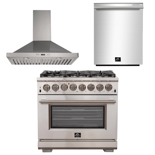 Forno Appliance Package - 36 Inch Gas Burner/Electric Oven Pro Range, Wall Mount Range Hood, Dishwasher, AP-FFSGS6187-36-W-2 - Luxy Appliance