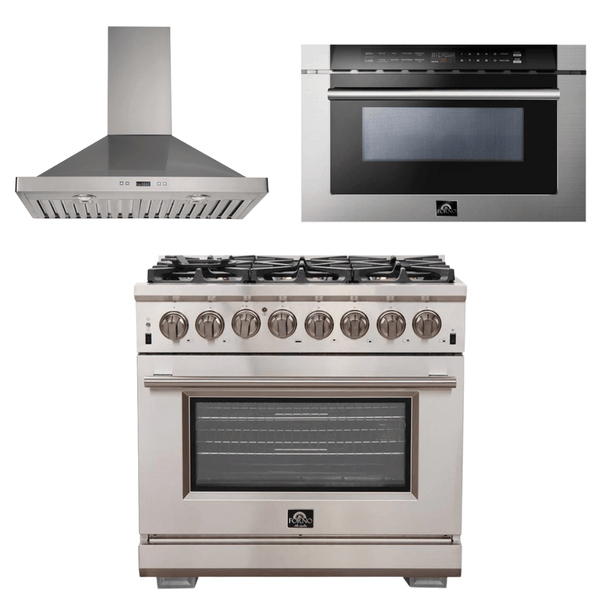 Forno Appliance Package - 36 Inch Gas Burner/Electric Oven Pro Range, Wall Mount Range Hood, Microwave Drawer, AP-FFSGS6187-36-W-3 - Luxy Appliance