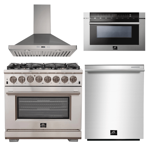 Forno Appliance Package - 36 Inch Gas Burner/Electric Oven Pro Range, Wall Mount Range Hood, Microwave Drawer, Dishwasher, AP-FFSGS6187-36-W-6 - Luxy Appliance