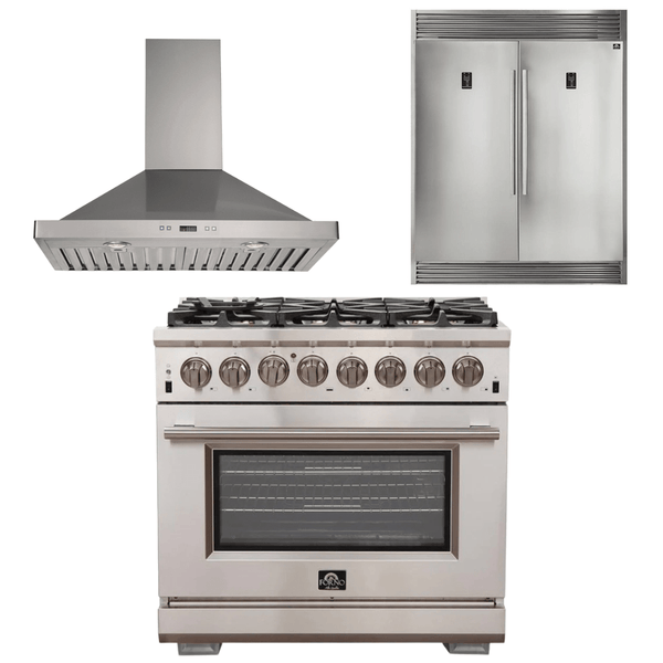 Forno Appliance Package - 36 Inch Gas Burner/Electric Oven Pro Range, Wall Mount Range Hood, Refrigerator, AP-FFSGS6187-36-W-4 - Luxy Appliance