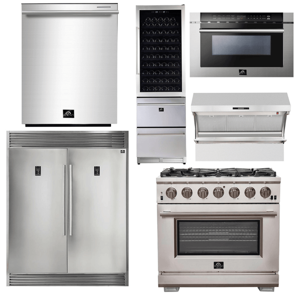 Forno Appliance Package - 36 Inch Pro Gas Range, Range Hood, Refrigerator, Microwave Drawer, Dishwasher, Wine Cooler, AP-FFSGS6260-36-9 - Luxy Appliance