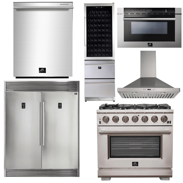 Forno Appliance Package - 36 Inch Pro Gas Range, Range Hood, Refrigerator, Microwave Drawer, Dishwasher, Wine Cooler, AP-FFSGS6260-36-W-9 - Luxy Appliance