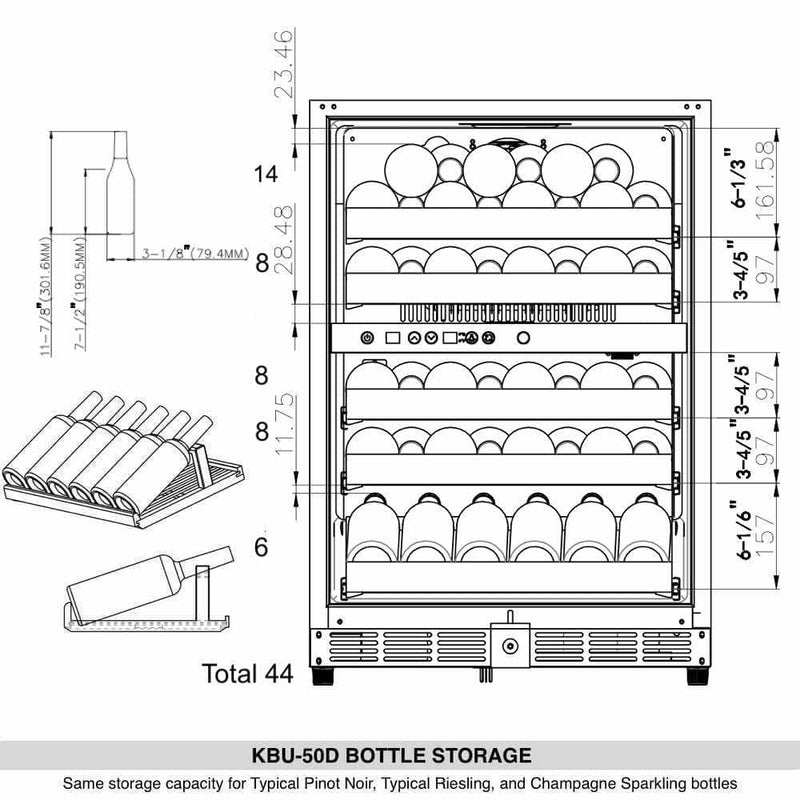 Kings Bottle 44 Bottles 24 Inch Under Counter Dual Zone Wine Cooler Drinks - KBU50DX - Luxy Appliance