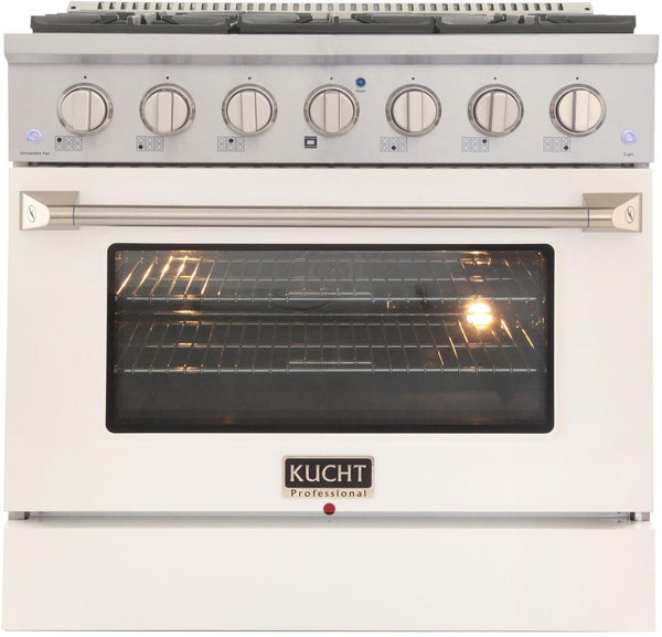 Kucht Professional 36 in. 5.2 cu ft. Natural Gas Range with White Door and Silver Knobs, KNG361-W - Luxy Appliance