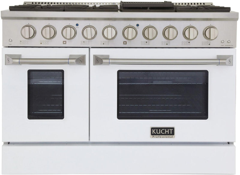 Kucht Professional 48 in. 6.7 cu ft. Natural Gas Range with White Door and Silver Knobs, KNG481-W - Luxy Appliance