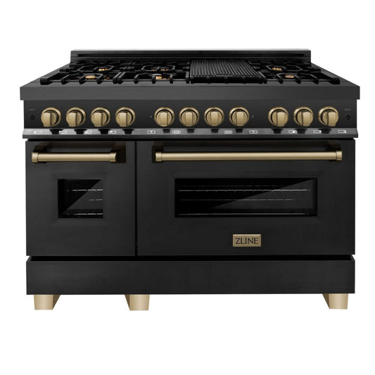 ZLINE Autograph 48 in. Gas Burner/Electric Oven Range in Black Stainless Steel and Champagne Bronze Accents, RABZ-48-CB - Luxy Appliance