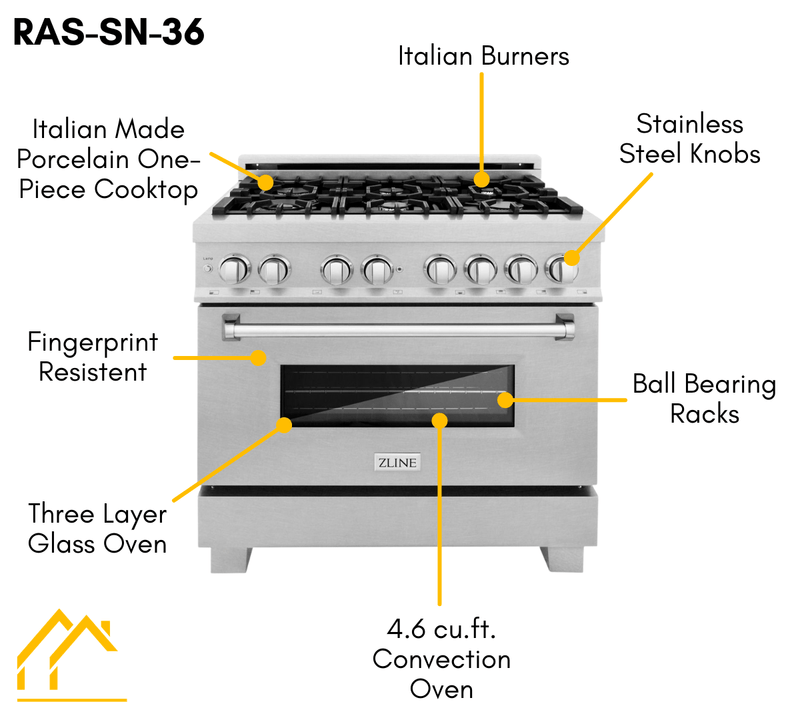 ZLINE 36 in. Professional Gas Burner/Electric Oven in DuraSnow® Stainless with DuraSnow® Stainless Door, RAS-SN-36 - Luxy Appliance