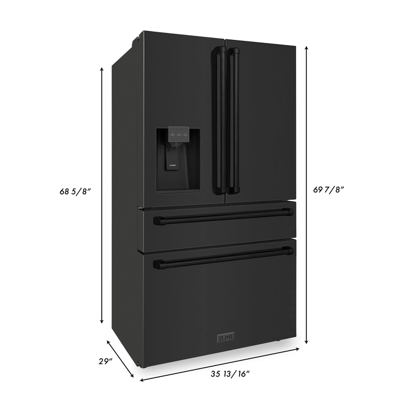 ZLINE 36 inch French Door Refrigerator with Water Dispenser, Ice Maker in Fingerprint Resistant Black Stainless Steel, RFM-W-36-BS - Luxy Appliance