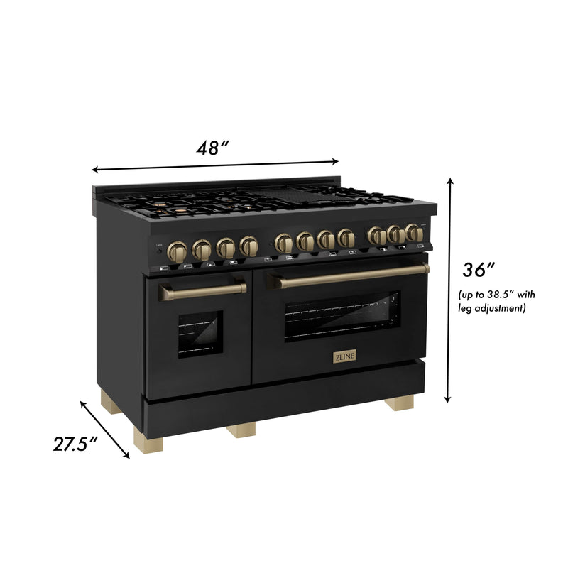 ZLINE Autograph 48 in. Gas Burner/Electric Oven Range in Black Stainless Steel and Champagne Bronze Accents, RABZ-48-CB - Luxy Appliance
