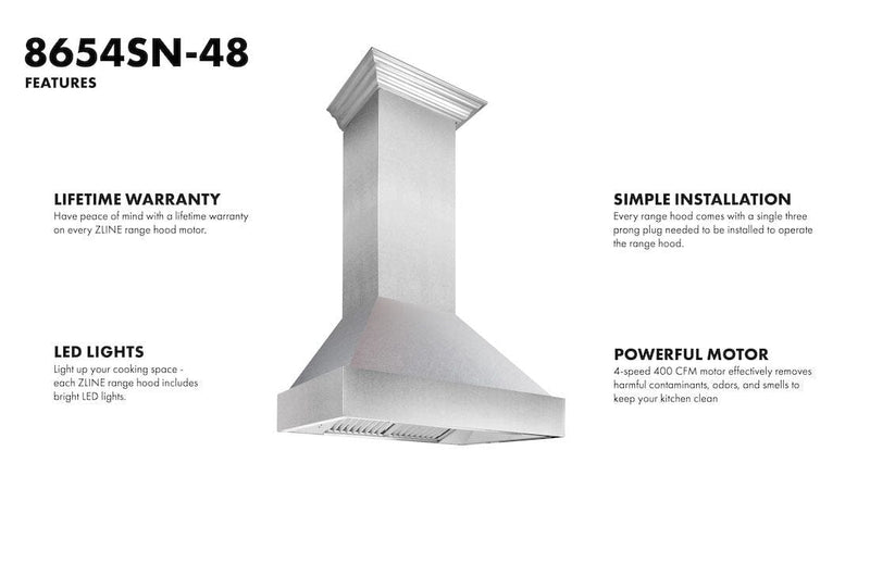 ZLINE 48 in. DuraSnow® Stainless Steel Range Hood with DuraSnow® Shell, 8654SN-48 - Luxy Appliance