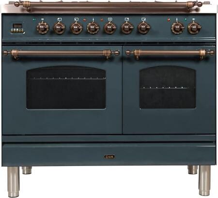 ILVE 40 in. Nostalgie Series Natural Gas Burner and Electric Oven Range in Blue Grey with Bronze Trim, UPDN100FDMPGUY - Luxy Appliance