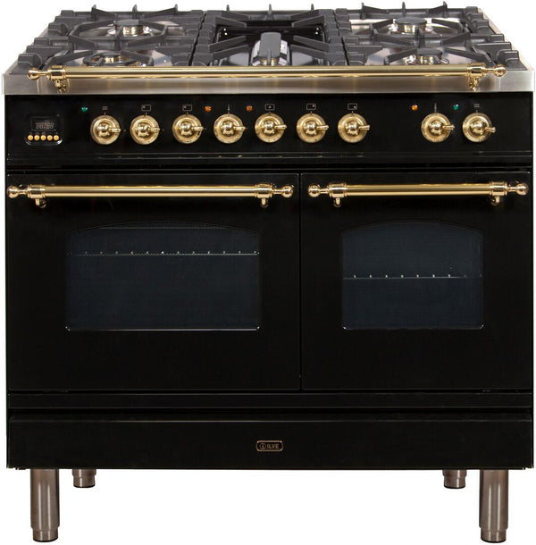 ILVE 40 in. Nostalgie Series Natural Gas Burner and Electric Oven Range in Glossy Black with Brass Trim, UPDN100FDMPNNG - Luxy Appliance