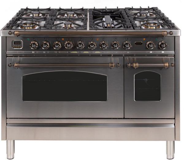 ILVE 48 in. Nostalgie Series Natural Gas Burner and Electric Oven Range in Stainless Steel with Bronze Trim, UPN120FDMPIYNG - Luxy Appliance
