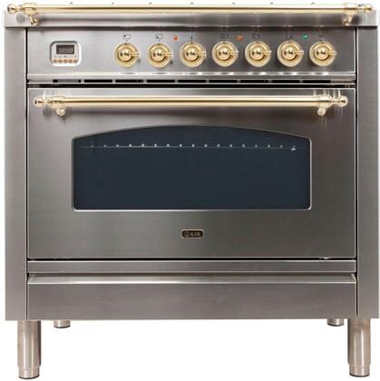 ILVE 36 in. Nostalgie Series Single Oven Propane Gas Burner and Electric Oven Range in Stainless Steel with Brass Trim, UPN90FDMPILP - Luxy Appliance